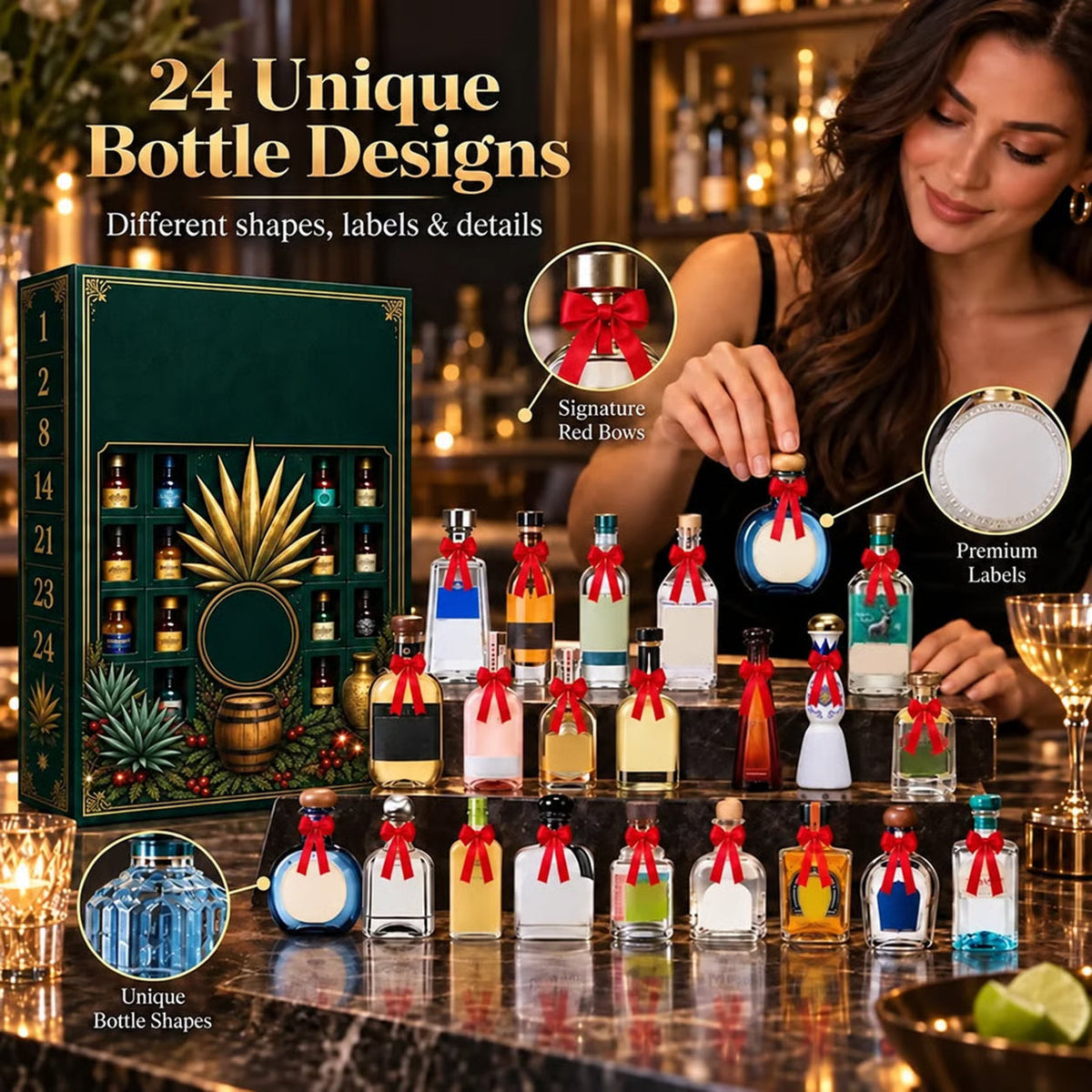 🎁✨ 24-Day Mini Tequila Bottle Advent Calendar – Holiday Countdown, Bar Decor & Collector Gift