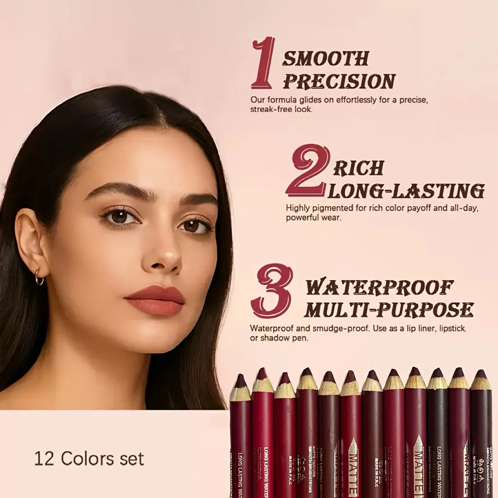 12-Piece Matte Lip Liner Set – Creamy, Long-Wear & Waterproof